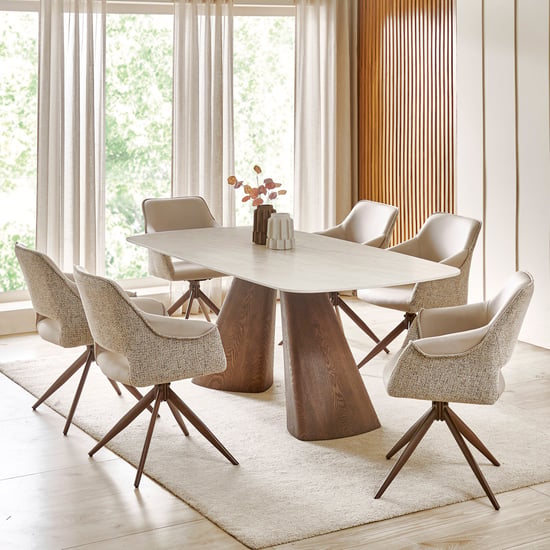 Alder Ceramic Top 6-Seater Dining Set with Swivel Chairs - Beige