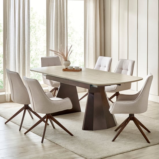 Iris Sintered Stone Top 6-8 Seater Extendable Dining Set with Chairs - Beige