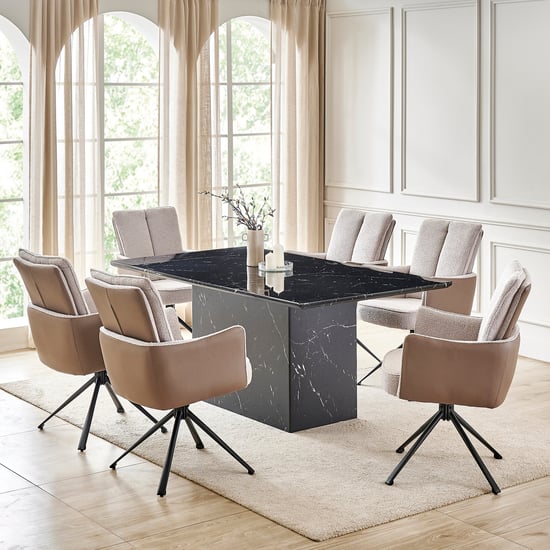 Pavis Faux Marble Top 6-Seater Dining Set with Chairs - Black