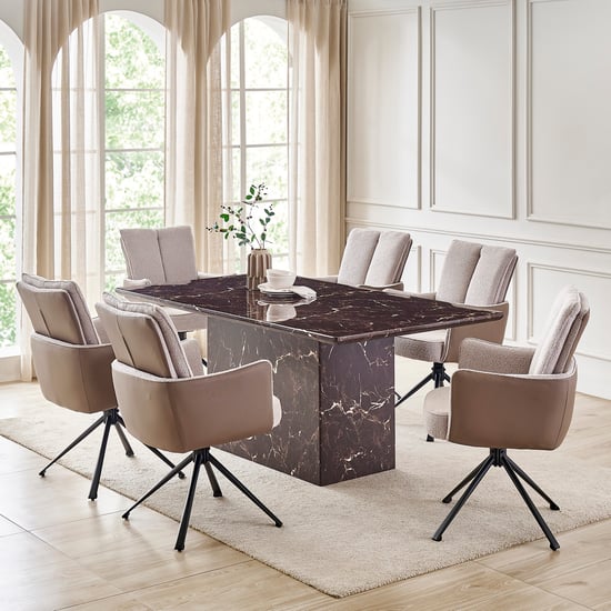 Pavis Faux Marble Top 6-Seater Dining Set with Chairs - Brown