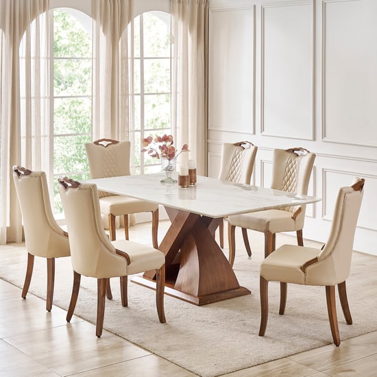 Prince Neo Faux Marble Top 6-Seater Dining Set with Chairs - Beige