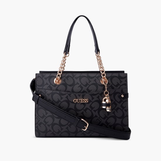 GUESS Logo Print Monogram Chain Handheld Bag Black