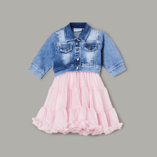 PEPPERMINT Girls Tiered Dress with Denim Jacket | Pink