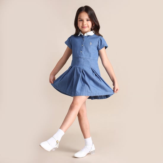 POLO KIDS Solid Pleated Dress Blue