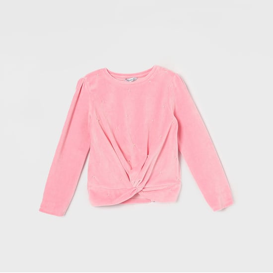 FAME FOREVER Pearl Embellished Twisted Hem Top