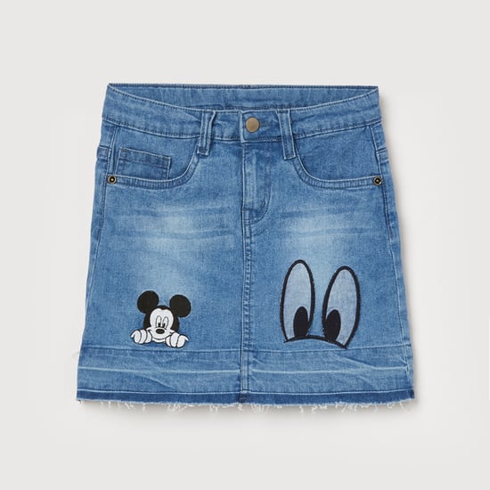FAME FOREVER Mickey Mouse Embroidered Mini Denim Skirt