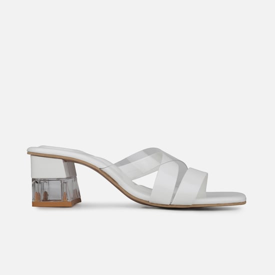 Criss-Cross Strap Block Heels White