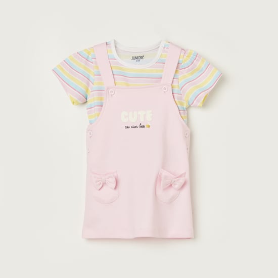 JUNIOR BABY Printed Dungaree Dress with Striped T-shirt