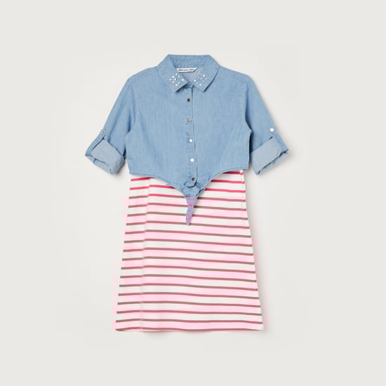 FAME FOREVER Striped A-line Dress with Denim Shirt