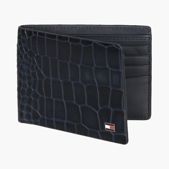 TOMMY HILFIGER Croc-Textured Bi-Fold Leather Wallet Blue