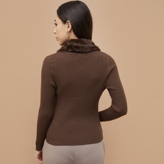 CODE Knit Cardigan with Faux Fur Collar | Brown