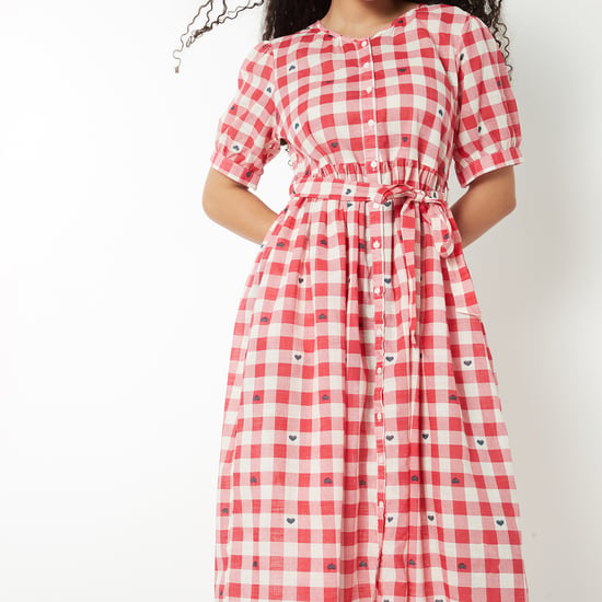 Buy Women Checked A-line Belted Dress Online at just Rs. 999.0