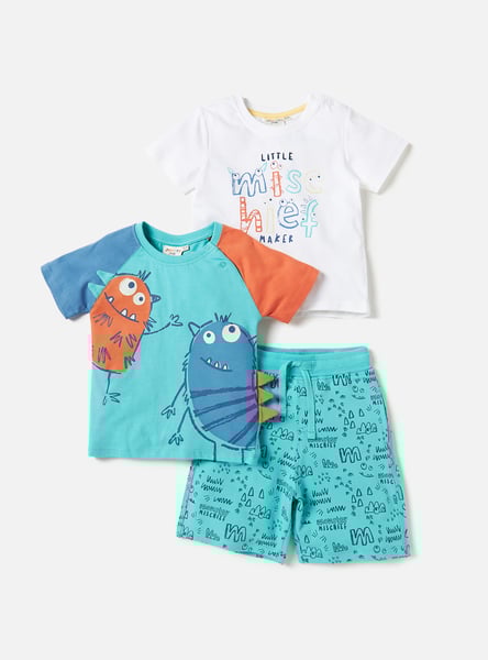 Juniors Monster Print 3-Piece Round Neck T-shirt and Elasticated Shorts Set