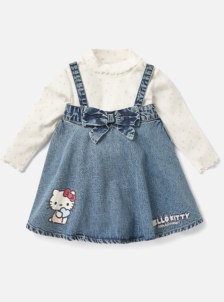 Polka Dot Print Turtle Neck Top and Hello Kitty Dungaree Dress Set