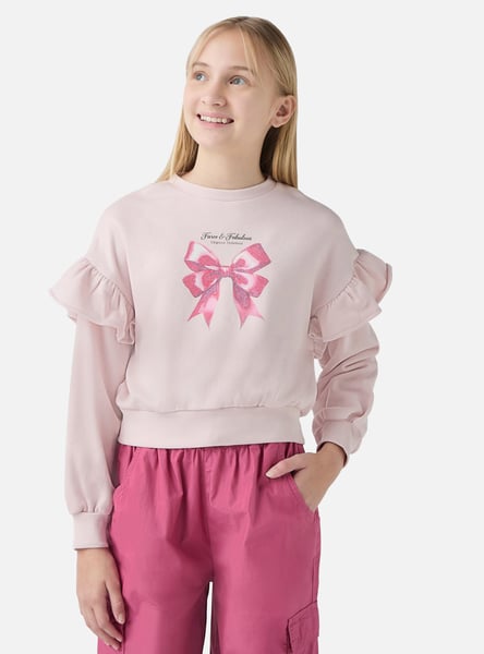 Juniors Bow Print Sweatshirt with Long Sleeves and Round Neck