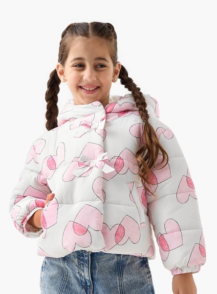 Juniors Heart Print Hooded Heavy Jacket with Long Sleeves
