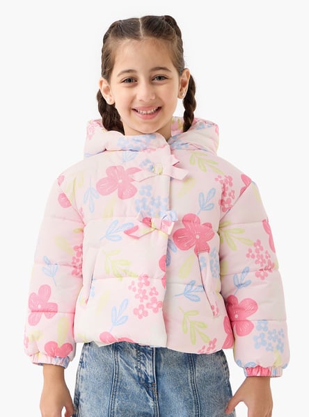 Juniors Floral Print Hooded Heavy Jacket with Long Sleeves