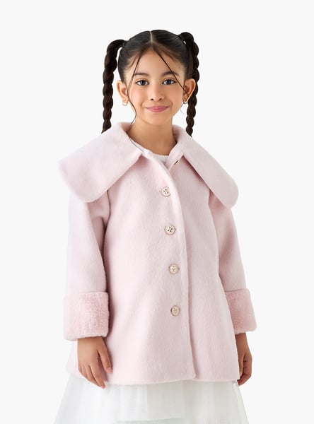 Juniors Solid Peter Pan Collar Coat with Long Sleeves