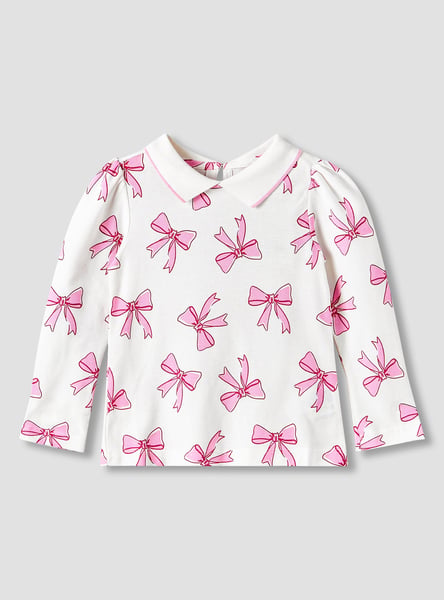 Juniors Bow Print Collared Top