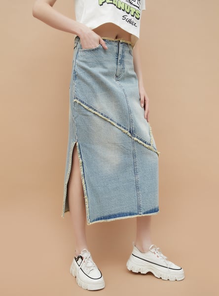 GINGER Washed Denim Midi Skirt