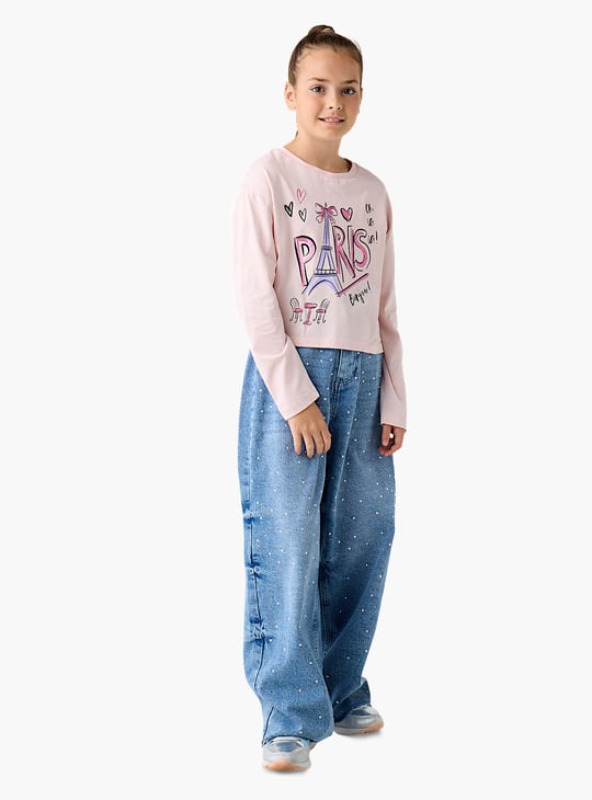Juniors Graphic Print Round Neck T-shirt with Long Sleeves