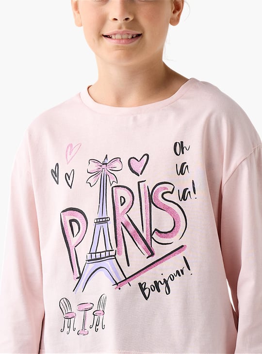 Juniors Graphic Print Round Neck T-shirt with Long Sleeves