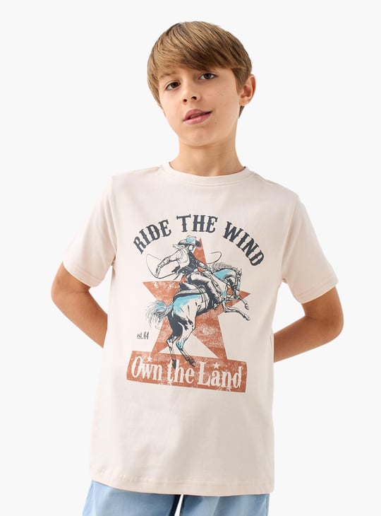 Juniors Graphic Print Crew Neck T-shirt with Short Sleeves