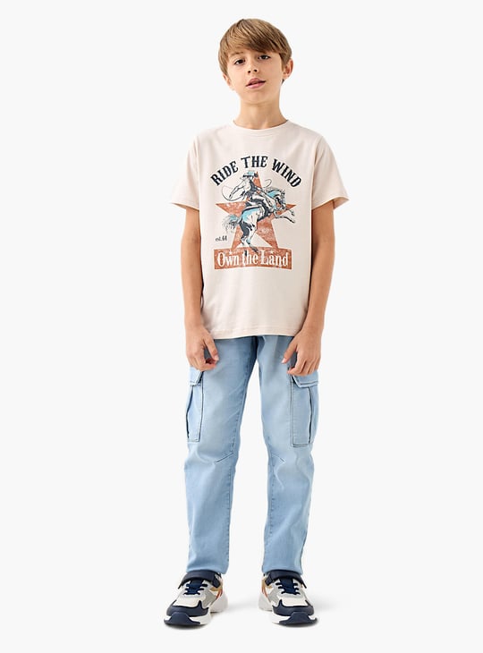 Juniors Graphic Print Crew Neck T-shirt with Short Sleeves