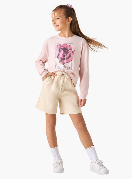 Juniors Rose Print Round Neck T-shirt with Long Sleeves
