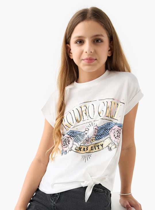 Juniors Graphic Print T-shirt with Short Sleeves and Knot Detail