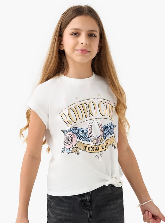 Juniors Graphic Print T-shirt with Short Sleeves and Knot Detail