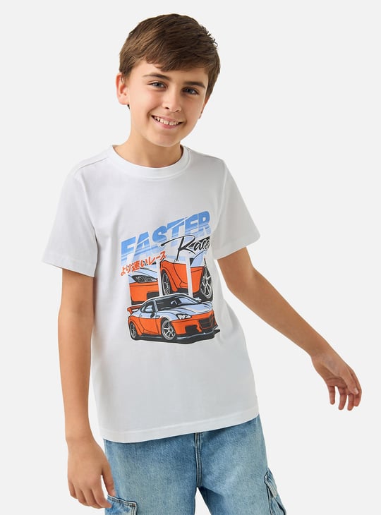 Juniors Car Print T-shirt with Crew Neck and Short Sleeves