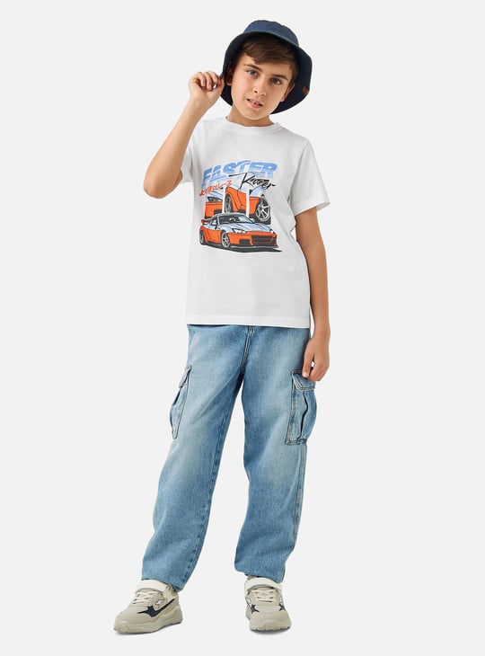 Juniors Car Print T-shirt with Crew Neck and Short Sleeves