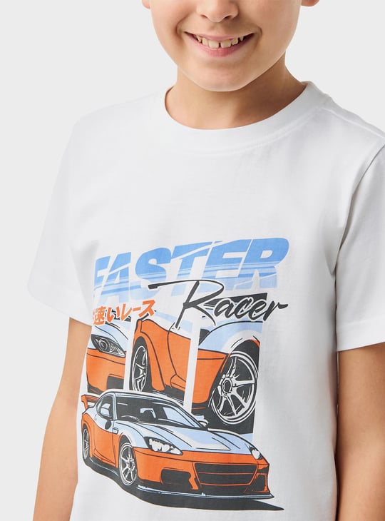 Juniors Car Print T-shirt with Crew Neck and Short Sleeves