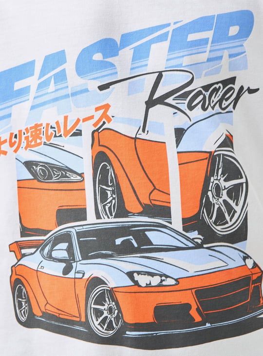 Juniors Car Print T-shirt with Crew Neck and Short Sleeves