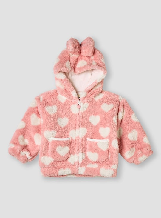 Juniors Heart Print Hooded Jacket with Zip Closure