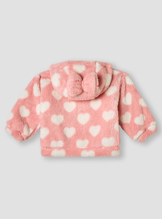 Juniors Heart Print Hooded Jacket with Zip Closure