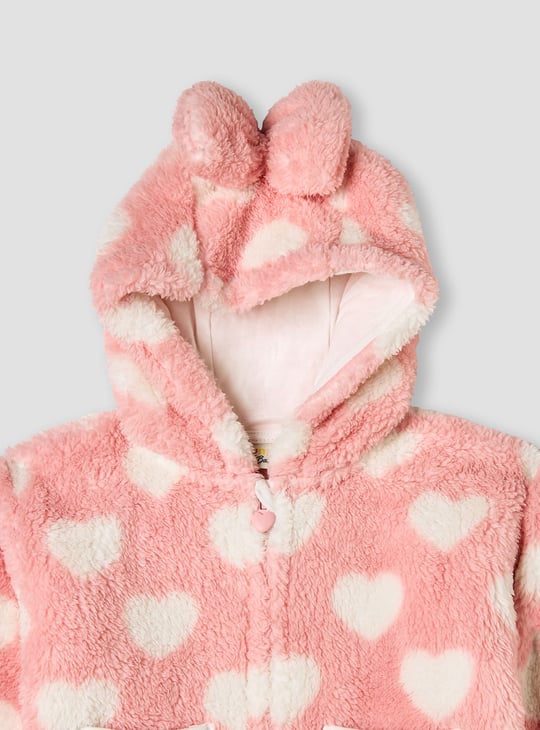 Juniors Heart Print Hooded Jacket with Zip Closure