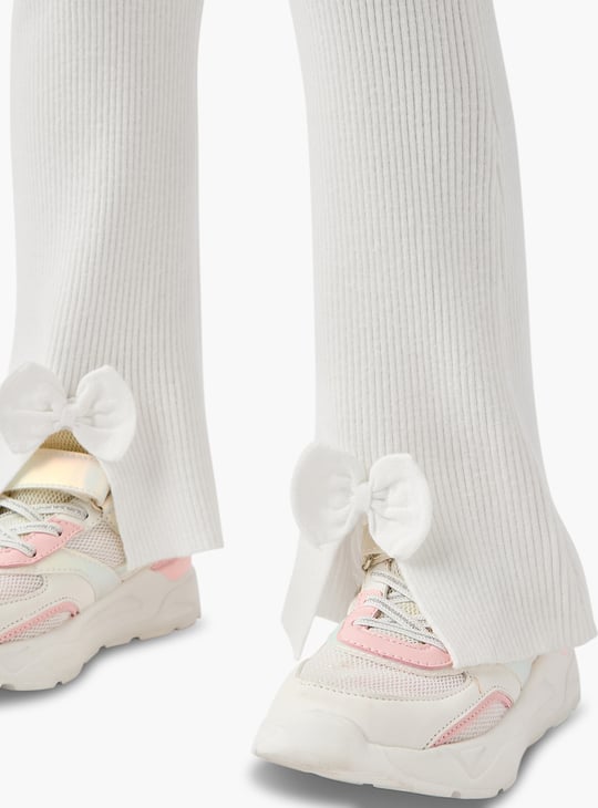 Juniors Ribbed Flared Pants with Bow Accent