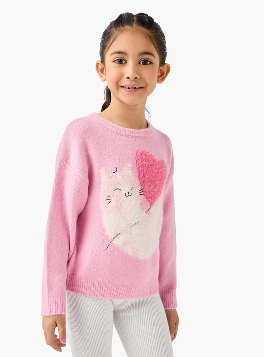 Juniors Cat Print Sweater with Long Sleeves