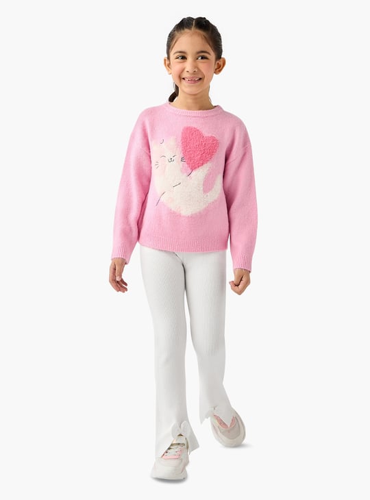 Juniors Cat Print Sweater with Long Sleeves