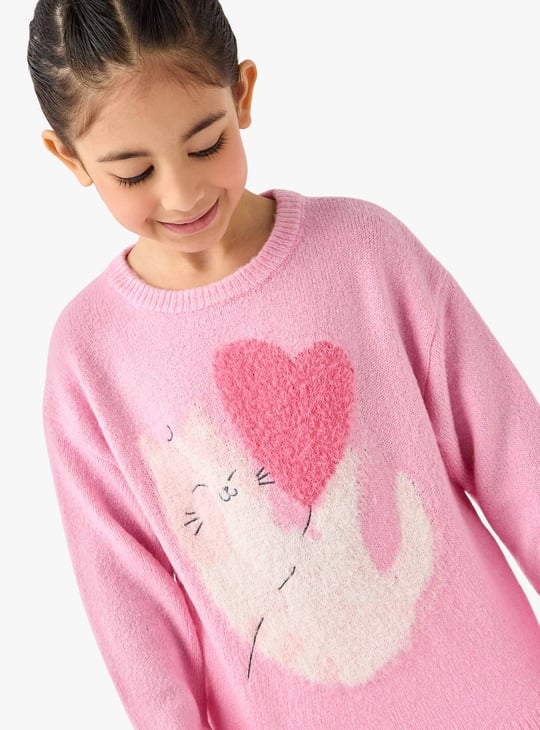 Juniors Cat Print Sweater with Long Sleeves