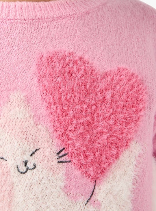 Juniors Cat Print Sweater with Long Sleeves