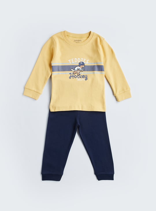 Juniors Hockey Print Long Sleeves T-shirt and Pyjamas - Set of 2