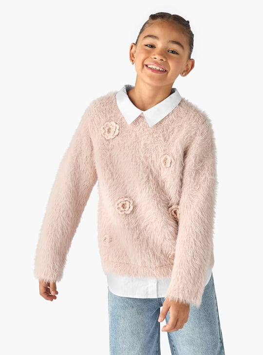 Juniors Floral Applique Faux Fur Sweater with Long Sleeves