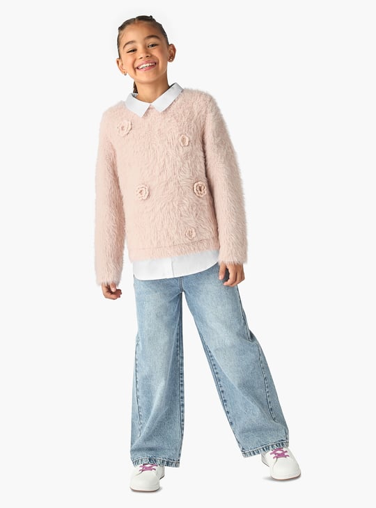 Juniors Floral Applique Faux Fur Sweater with Long Sleeves