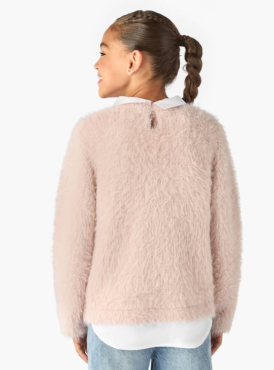 Juniors Floral Applique Faux Fur Sweater with Long Sleeves