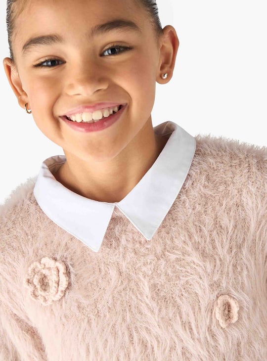 Juniors Floral Applique Faux Fur Sweater with Long Sleeves