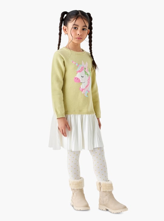 Juniors Unicorn Applique Sweater Dress with Polka Dot Tights