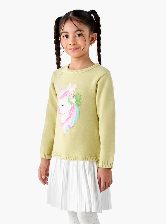 Juniors Unicorn Applique Sweater Dress with Polka Dot Tights